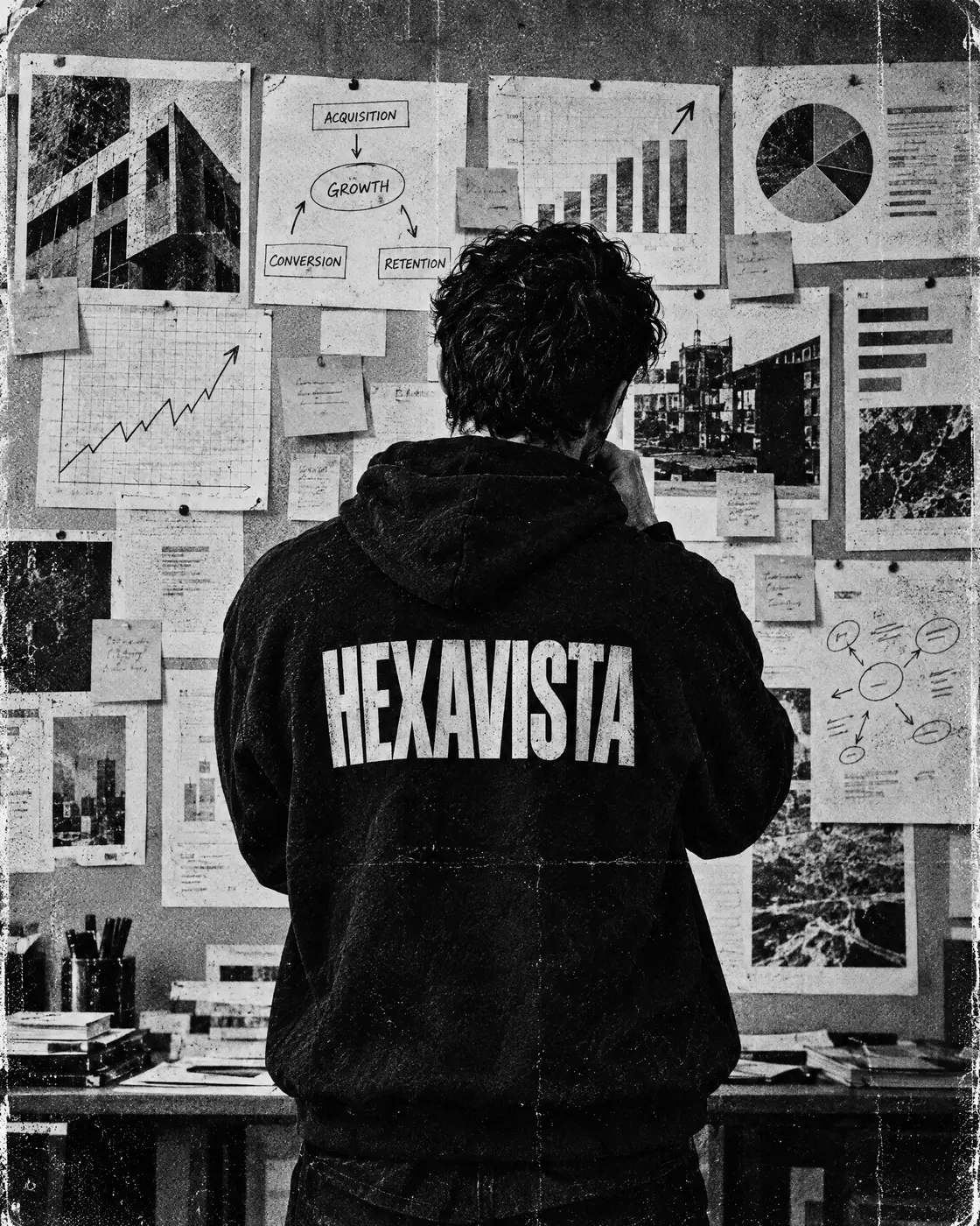 Un membre de l’équipe Hexavista devant un mur de plans d’acquisition
