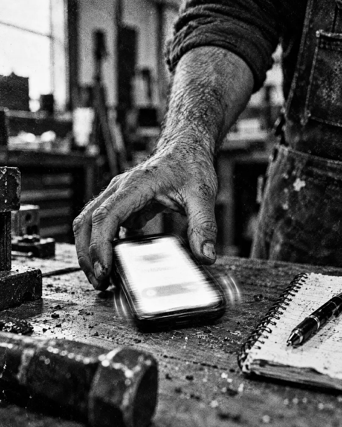 Un artisan attrape son téléphone qui vibre sur l’établi